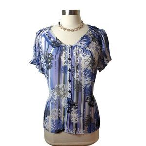 East 5th Blue Floral Blouse XL Short Flutter Sleeve Sheer Striped Button-Up Top